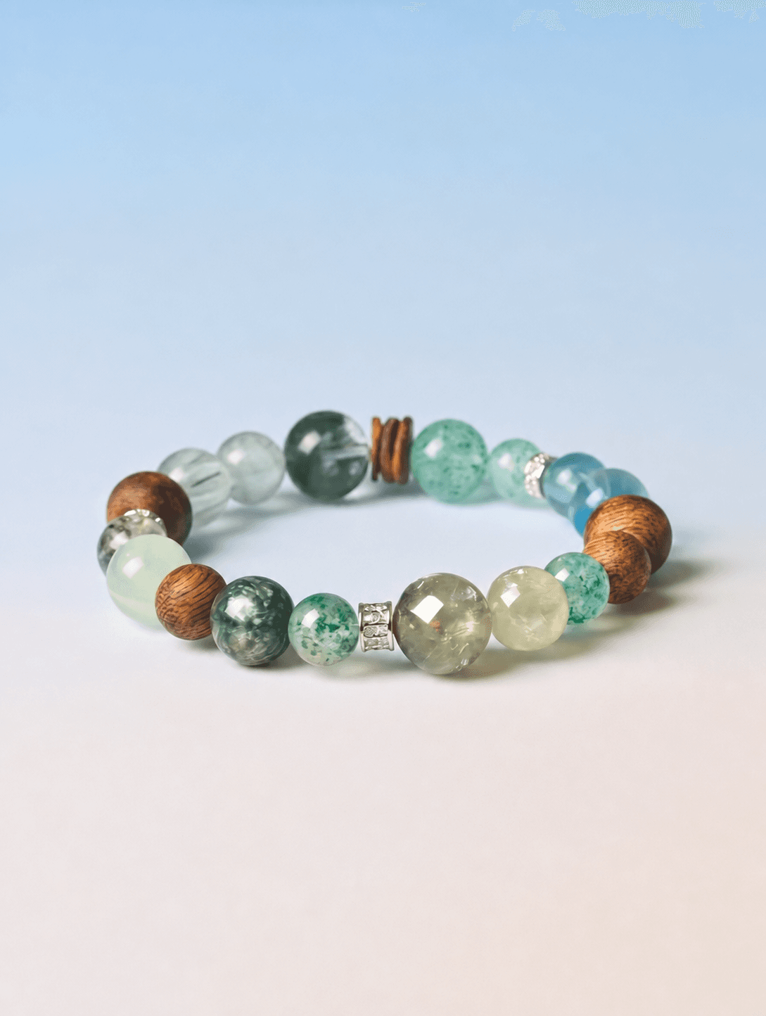 FIVEFOLD Wood bracelet in jade green, aqua and natural wood tones